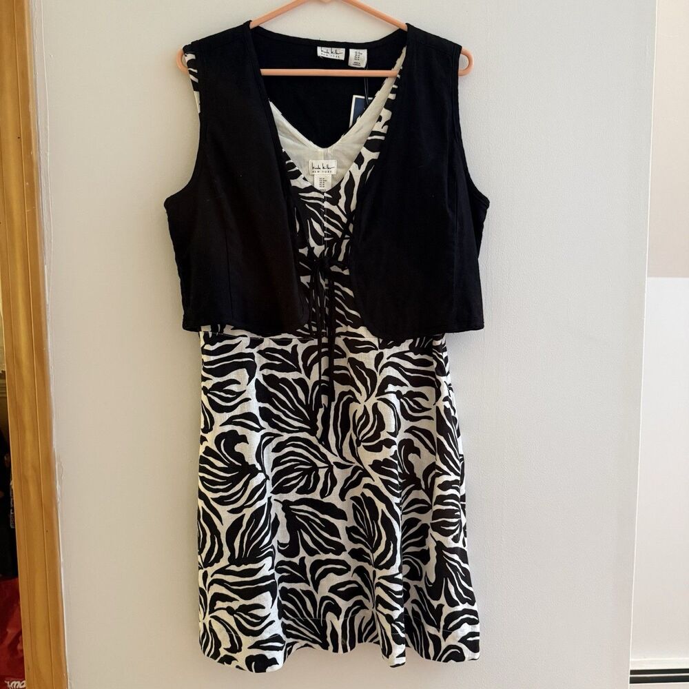 Nicole Miller NY Women Linen Blend Dress With Vest Size M Black White Print NWT